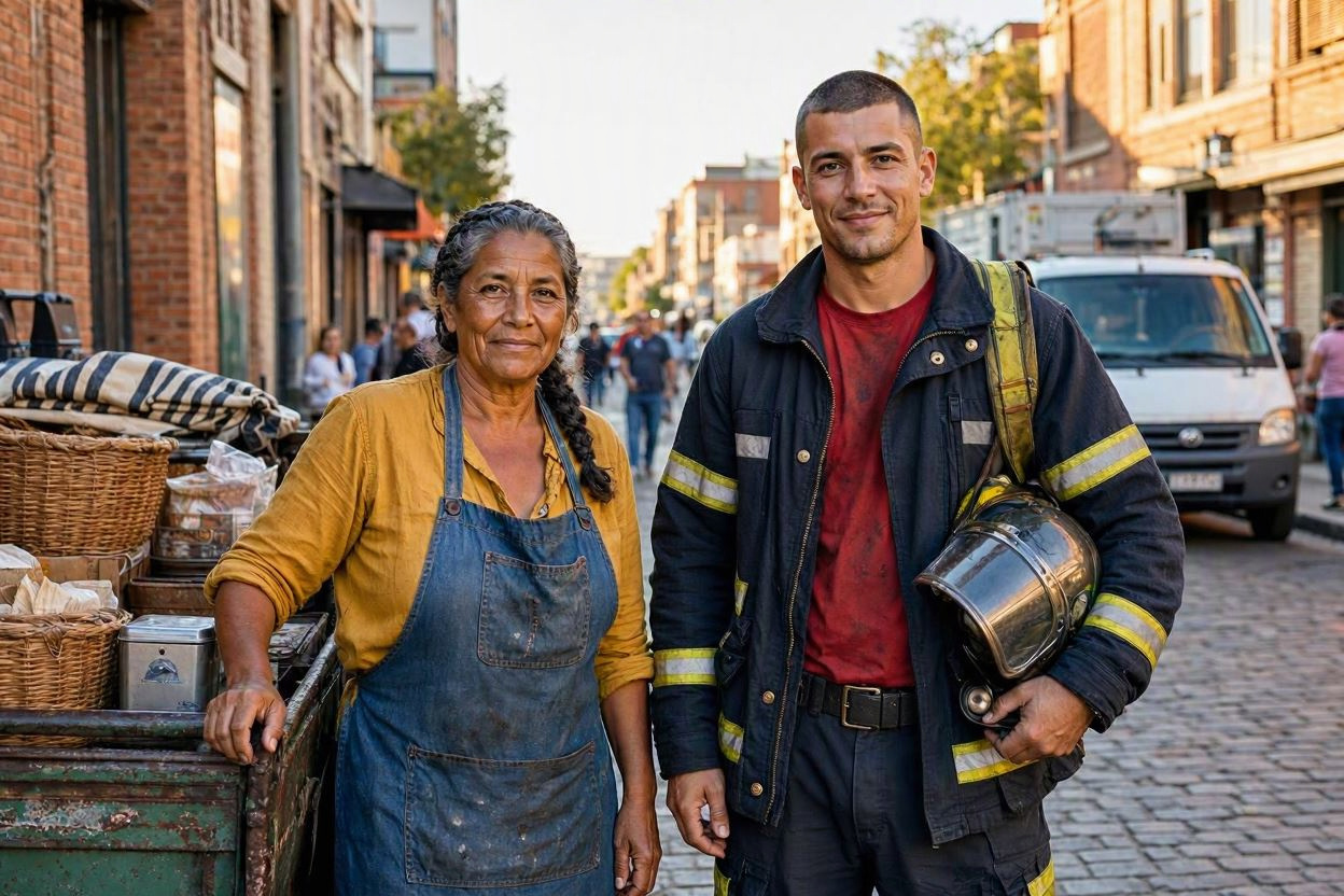 Foto Strassenverkäuferinn und Feuerwehrmann